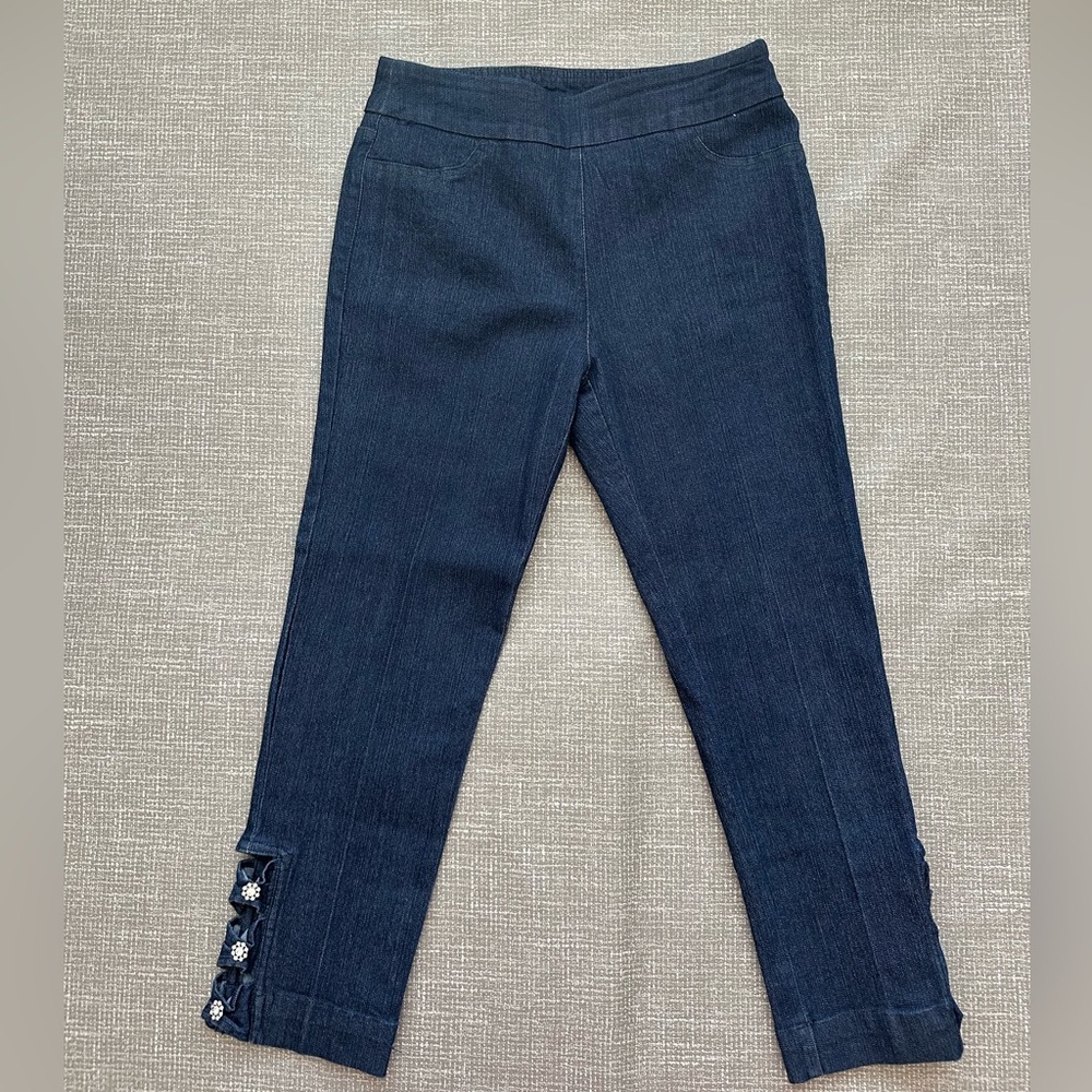 Soft Surroundings Embellished Ankle Jeans Pull On Stretch Denim Dark Wash Sz S